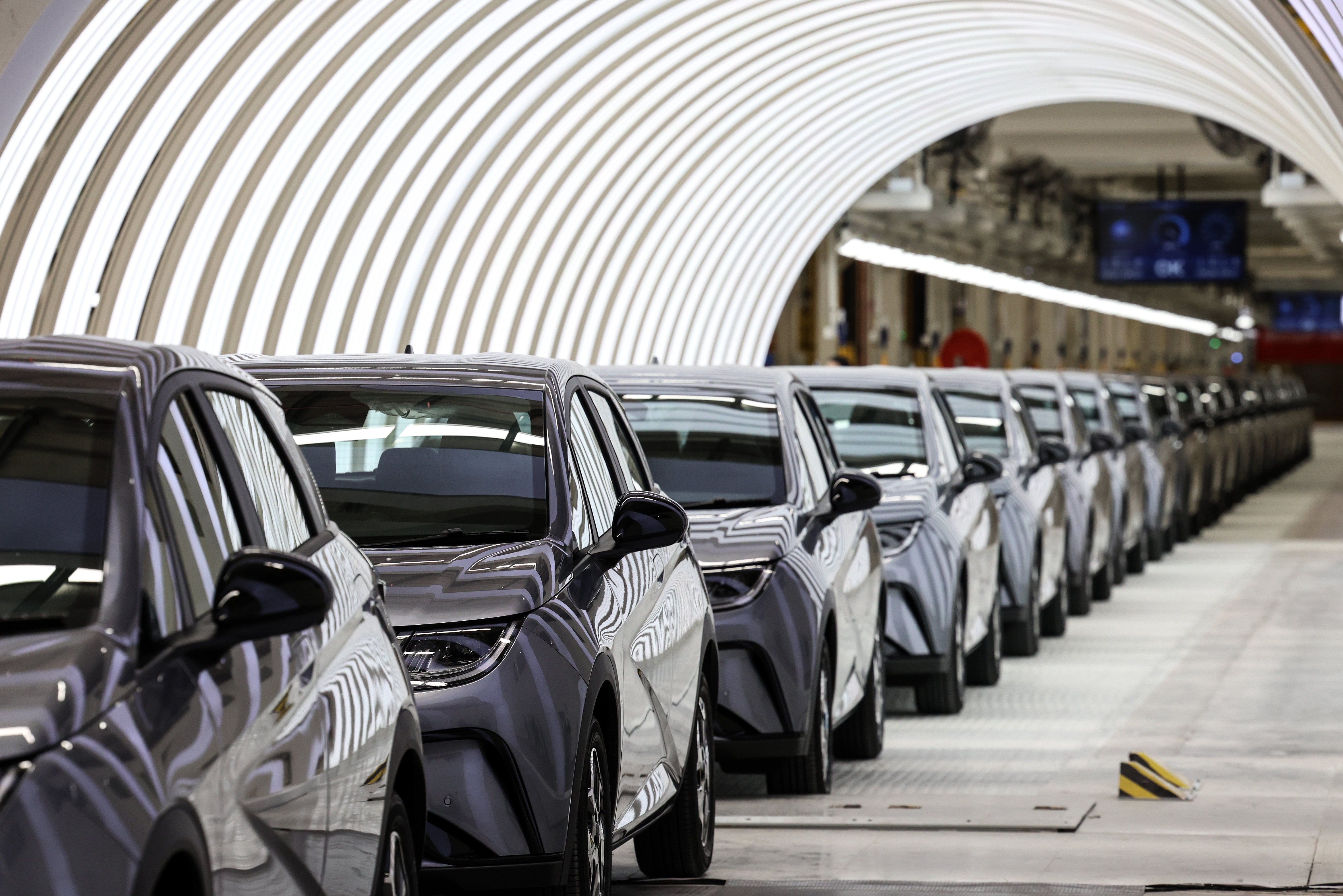 BYD Co. Dolphin compact hatchback electric vehicles inside BYD's plant in Nikhom Phatthana, Rayong province, Thailand, on July 4, 2024. Photo: Bloomberg